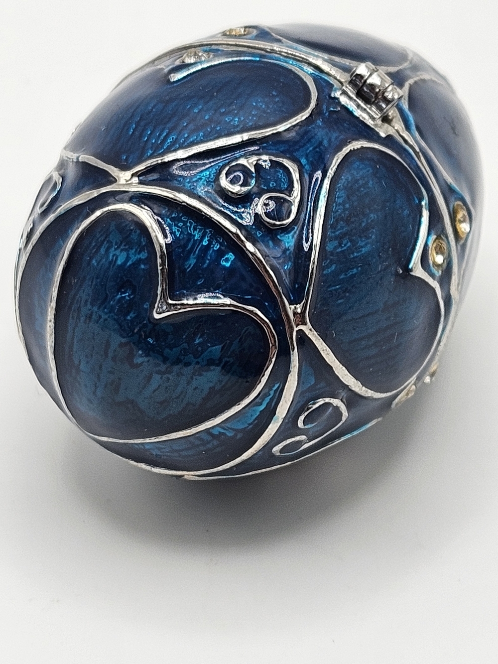VINTAGE Blue Enamel Rhinestone Heart Silver Tone Egg Shaped Hinged Trinket Box - Picture 6 of 7